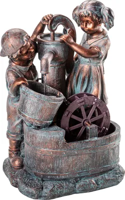 Produktbild von Dehner Gartenbrunnen Lea und Leon mit LED Beleuchtung, ca. 68.5 x 45 x 35 cm, Polyresin, grün/blau/braun