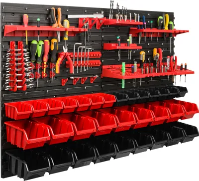 Obrázek produktu pro Skladovací systém Dílenské regály | 115 x 78 cm | 32 ks. Box | Nástěnný regál s držáky na nářadí a stohovatelnými boxy - Nástěnné desky Extra silné regály s přihrádkami Nástěnná deska s otvory pro nářadí Skladovací regály Garážové regály