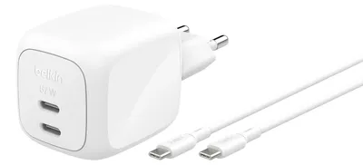 Imagen del producto de Cargador Belkin de doble puerto USB-C de 67W con tecnología PD y PPS, incluye cable de 2 metros. Modelo: WCH020kq2MWH-B6