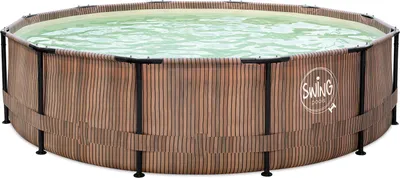 An above-ground swimming pool with a wooden-look exterior and a blue-green interior filled with water.