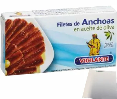 Produktbild von Vigilante "Sardellenfilet in Olivenöl" Anchoas en aceite de oliva (48g Packung) + usy Block