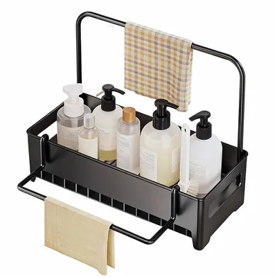 Produktbild von Schwammhalter für Küchenspüle, Aufbewahrungsregal mit Handtuchstange und Ablaufschale, Schwammregal, Küchenzubehör für Seifenspender, Schrubber