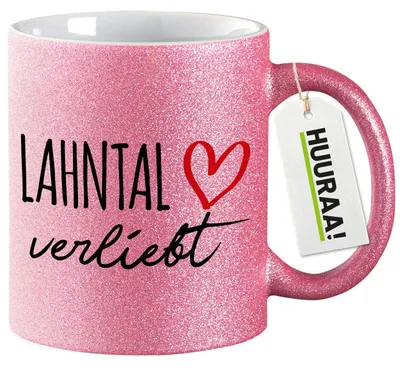 Produktbild von Huuraa Glitzertasse Lahntal verliebt 330ml Pink Keramik Kaffeebecher Geschenkidee