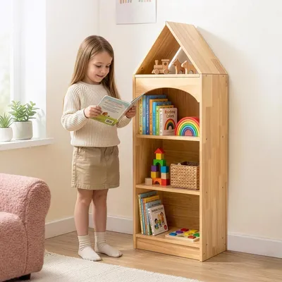 Zdjęcie produktu dla Półka na książki dla dzieci, narożna, 4 półki, wykonana z drewna kauczukowego, wysokość 116 cm
