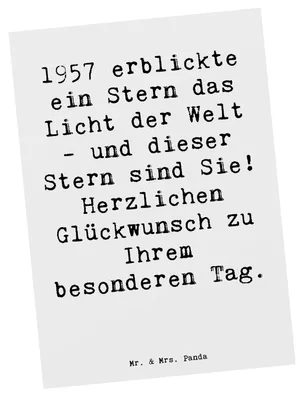 Produktbild von Mr. & Mrs. Panda einzelkarte Spruch 1957 Geburtstag Stern - Weiß - Geschenk, Postkarte, feiern, Ansichtskarten, Alter, Geburtstagswünsche, Kunstkarten, Grußkarte