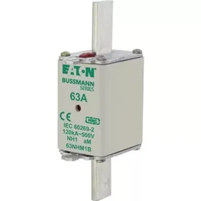 Produktbild von Eaton Sicherungseinsatz, Niederspannung, 63 A, AC 500 V, 120 kA, NH1, aM, IEC, Doppelkennmelder, spannungsführende Grifflasche 63NHM1B