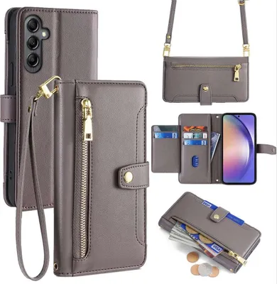 Produktbild von Handykette Samsung Hülle mit Band Handyhülle Kartenfächer Kunstleder Umhängetasche Galaxy A54 Grau