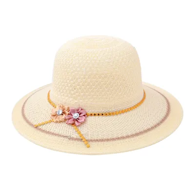 Produktbild von Sommerhut für Damen, große Krempe, atmungsaktiv, Kunstblumen-Dekor, leicht, Sonnenschutz, Anti-UV, Urlaub, Strand, Sonnenhut, Reise, Outdoor-Kappe, Beige