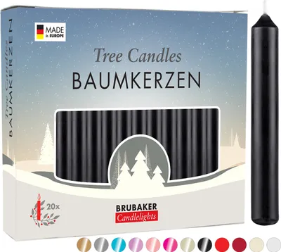 Produktbild von BRUBAKER Baumkerzen Wachs - Weihnachtskerzen für Weihnachtspyramiden und Schwibbögen - Pyramidenkerzen Christbaumkerzen, 20 Stück, Schwarz