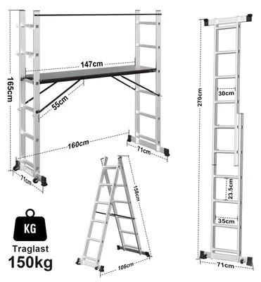 Produktbild von Eikuavons Aluminium Klappgerüst Silber 6 Stufen, Mehrzweckleiter 4-in-1 mit Arbeitsplattform und Rollen, Multifunktionsleiter bis 150 kg