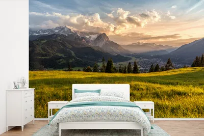 Produktbild von Fotobehang - Wanddekoration Ein Sonnenuntergang im Frühling in Bayern - Breite 390 cm x Höhe 260 cm