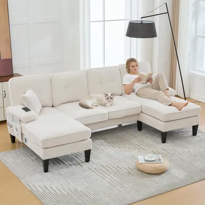 Image de OKWISH Canapé d'Angle 4 Places Avec 2 Méridiennes, Dossier Ergonomique et Coussins Décoratifs, Velours Côtelé, Beige