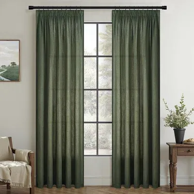 Obrázok produktu pre Záclony Unyqoos® v olivovej farbe s vzhľadom na ľan, s volánovou páskou, rozmer 245 x 140 cm, zloženie: 30 % ľan / 70 % polyester – čiastočne priehľadné, vhodné do obývačky a spálne