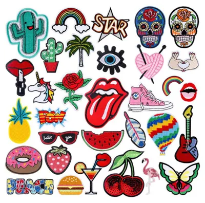 32 aufbügelbare Patches, bunt, Polyester, für Kleidung, DIY
