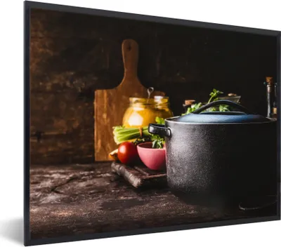 Produktbild von MuchoWow® Gerahmtes Poster Rustikal - Stilleben - Pfanne - Gemüse 80x60 cm - Poster mit Schwarzem Bilderrahmen Wandposter Rahmen Foto Bilder - Schwarzem - Mit Gestell