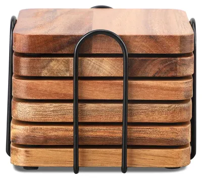 Produktbild von Glasuntersetzer - 6er Set aus Akazienholz mit Halter - Eckig für Tassen und Gläser