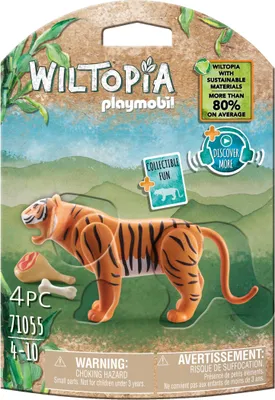 The image shows the packaging for a Playmobil Wiltopia tiger toy set, featuring the tiger figure and accessories against a nature-themed background.