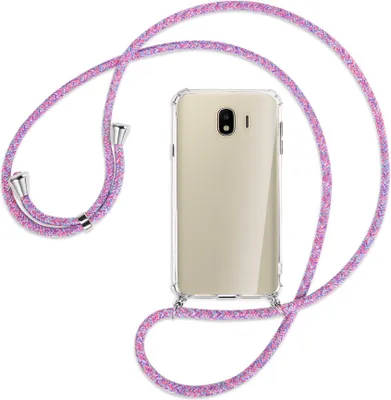 Produktbild von Handykette Backcover-Schutzhülle mit Band (Metall silberfarben) für Samsung Galaxy J4 2018 - lila/rosa/blau