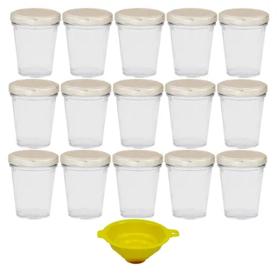 Produktbild von Viva Haushaltswaren - 15 x kleines Becherglas / Marmeladenglas 80 ml mit silberfarbenem Deckel, Vorratsdosen Set als Einmachgläser, Gewürzgläser, für Kuchen im Glas etc. (inkl. Trichter)