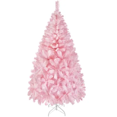 A pink artificial Christmas tree on a white background.
