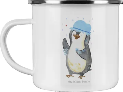 Produktbild von Mr. & Mrs. Panda Kaffeepott Pinguin Duschen - Weiß - Geschenk, Teetasse, Emaille Tasse, Blechtasse, Singen, Emailletasse, Dusche, Duschkonzert, Pott, Pinguine, Haferl