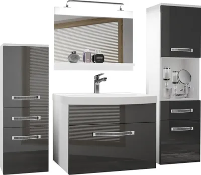 Obrázok produktu pre Kompletne vybavená súprava kúpeľňového nábytku BELINI umývadlová skrinka, 1x malá skrinka, 1x vysoká skrinka, umývadlo, zrkadlo, lampa (sivá, lesklá)