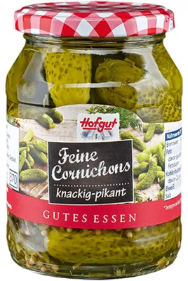Zdjęcie produktu dla Hofgut Feine Cornichons chrupiące z pikantnymi ziołami w słoiku 370ml