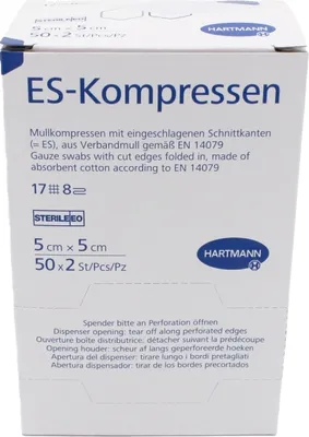 Produktbild von Hartmann ES Mullkompressen steril 5 x 5 cm, 17-fädig, 8-fach (1 Packung = 50 x 2 Stück)