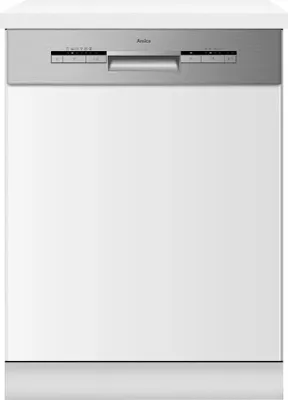 A front view of a white built-in dishwasher with a silver control panel.