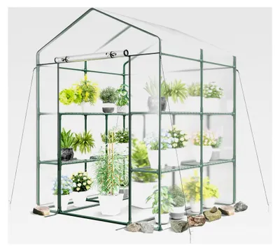 Produktbild von Begehbares Foliengewächshaus mit 8 Regalen, PVC-Abdeckung und robustem Metallrahmen, geeignet für Tomaten, Gemüse und Pflanzen, 139 x 144 x 195 cm