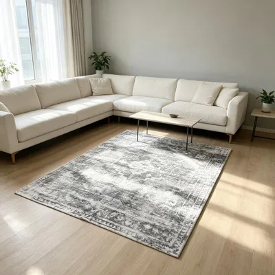 Imagen del producto de Alfombra gris con motivo vintage y un diseño discreto. Tamaño: 120 cm de diámetro