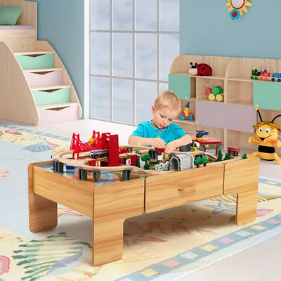 Produktbild von Eisenbahn-Set mit Spieltisch und 100 Zubehör, Bahngleis-Set , Holzeisenbahn, Spielzeugeisenbahn-Set für Kinder ab 3 Jahre