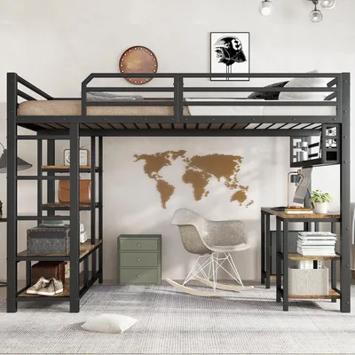 A loft bed with a desk and shelves in a room setting.