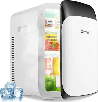 A white mini-refrigerator with its door open, showing various items inside, placed on a white background with ice cubes in the foreground.