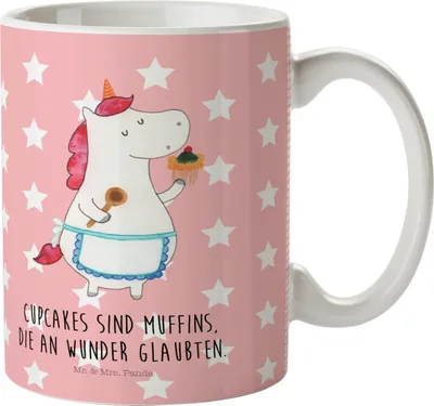 Produktbild von Mr. & Mrs. Panda Pott Einhorn Küche - Rot Pastell - Geschenk, Muffin, Unicorn, Haferl, Trinklernbecher, Kuchen, Koch, Kindergarten Becher, Motivation, Plastikbecher