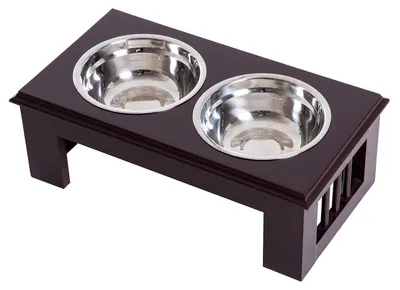 Zdjęcie produktu dla 2 miski ze stali nierdzewnej, podwyższona stacja karmienia dla małych psów i kotów, stacja karmienia z MDF, kolor: espresso | 1,8 kg | 2 x 0,9 L | 44 x 24 x 15 cm