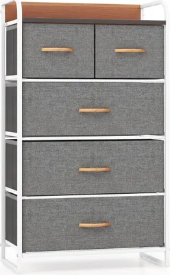 Produktbild von Schubladenschrank mit 5 Stoffschubladen & Stahlrahmen & Holzoberfläche Kommode Grau