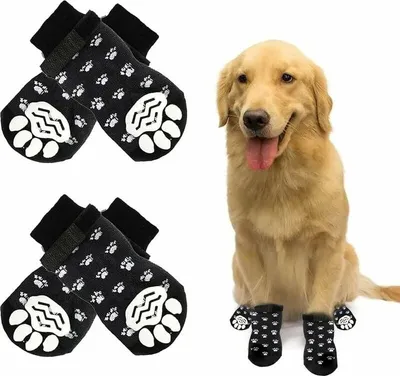 Produktbild von 2 Paar rutschfeste Hunde- und Katzensocken, verstellbare Hundesocken, geeignet für kleine und große Hunde und Katzen (L, Schwarz)