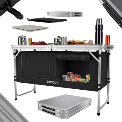 Produktbild von 24MOVE® Campingküche PRAIA faltbar, höhenverstellbarer Campingschrank Alu Reiseküche mit Arbeitsplatte und Staufächern, Outdoor Camping, tragbar