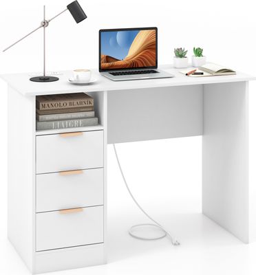 COSTWAY Biurko z 3 szufladami i stacją ładującą, małe biurko komputerowe, biurko dla dzieci, nowoczesne biurko biurowe, stolik pod komputer biały 108 x 48 x 76 cm