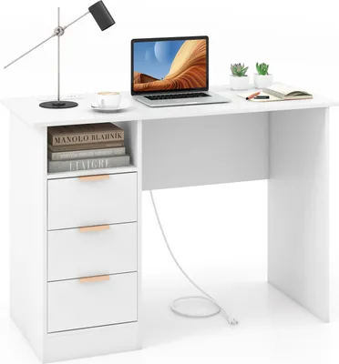 A white desk with a laptop, lamp, and books.