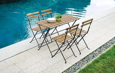 Immagine prodotto di Set Tavolo e 4 Sedie da Giardino Pieghevoli Bistrò in Ferro e Legno di Acacia