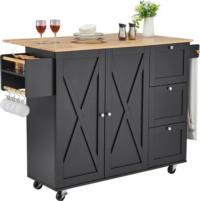 Produktbild von Kücheninselwagen mit Rollen  Schubladen- und Regalstation  143x68x99cm  Praktischer Rollschrank für Ihre Küche