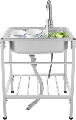 Produktbild von Freistehende Spüle 304 Edelstahl Spültisch 1 Becken Outdoor Camping Spüle 60 x 45 x 75cm Freistehende Edelstahl Spültisch mit Aufbewahrungsboden, Kalt und Warmwasserhahn für Gastro