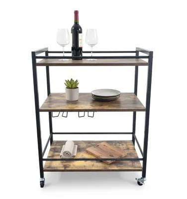 Produktbild von IvoQ Servierwagen – Küchenwagen – Industrielles Holz & Metall – 3 Ebenen – Auf Rollen mit Bremse – 64x40x85 cm