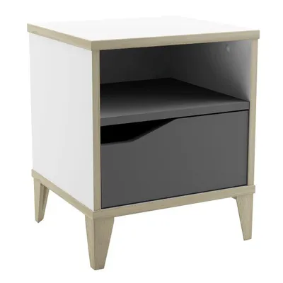 Produktbild von Nachttisch skandinavisch 33x44 cm mit 1 Schublade und offenem Regal, Weiß Grau Holzdekor