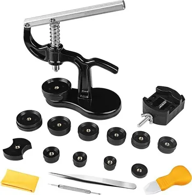 Produktbild von 18 Teilig Uhrenpresse Gehäuseschließer, Uhrendeckelpresse Reparatur Werkzeug mit 12 Druckplatten Kunststoffeinsätze, Uhr Presse, Uhr Einpresswerkzeug Set, Uhrenwerkzeug für Batteriewechsel