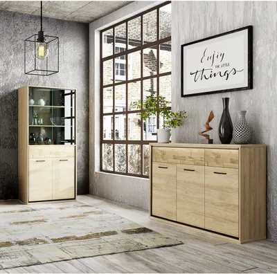 Produktbild von Wohnzimmermöbel Set 2-teilig modern in Eiche mit struktuierten Schubkastenblenden MEGARA-161