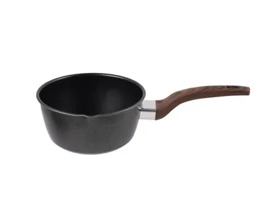 Produktbild von Edelstahl Stieltopf 1,5L Induktion Ø 18 cm | Kleine Stielkasserolle mit Ausguss und Griff in Holzoptik | Milchtopf für Saucen und Milch