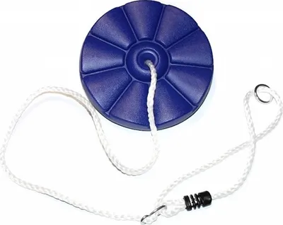 A blue disc-shaped swing seat with a white rope attached, shown on a white background.